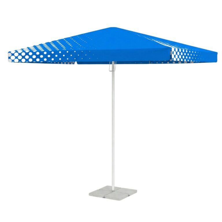 Parasol publicitaire rectangulaire – un grand parasol promotionnel pour les terrasses et les jardins de cafés.