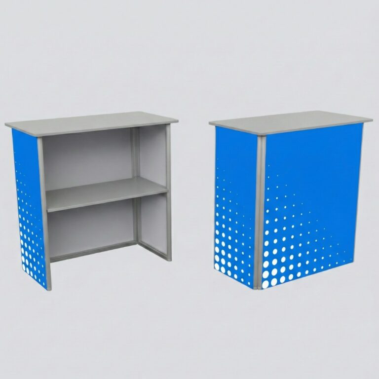 Présentoir publicitaire pliable avec plateau – comptoir événementiel portable avec possibilité de personnalisation (transport facile)